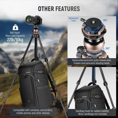 neewer lt35 61" carbon fiber travel tripod， with 360&deg; panorama ball head _ black